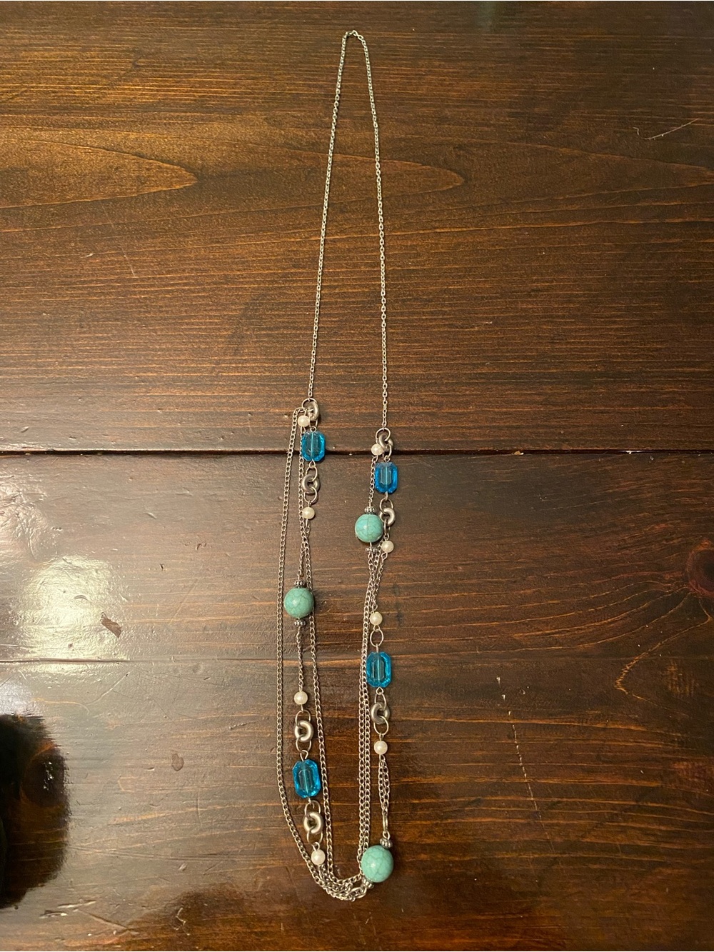 Silver Multi-Strand Necklace with Teal Beads